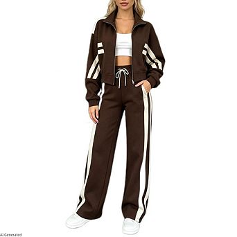 Women's Striped Zip Up Jacket Drawstring Wide Leg Pant 2 pc Tracksuit Set for Daily Lounge