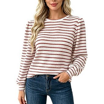 Women's Striped Waffle Knit Top Crew Neck Drop Shoulder Lantern Long Sleeve Casual Blouse