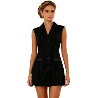 Women's Sleeveless Single Breasted Dress Lapel Collar Button Fitted Blazer Mini Sundress for Office