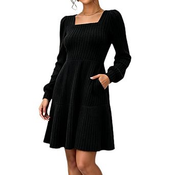 Women's Square Neck Puff Long Sleeve Dress Ribbed Knit Tiered Swing Midi Dresses With Side Pockets