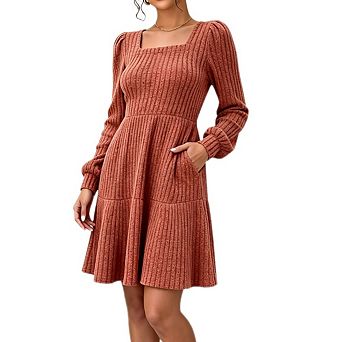 Women's Square Neck Puff Long Sleeve Dress Ribbed Knit Tiered Swing Midi Dresses With Side Pockets