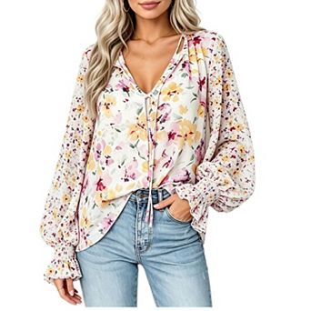 Women's Tie V Neck Floral Top Chiffon Puff Lantern Long Sleeve Casual Blouse