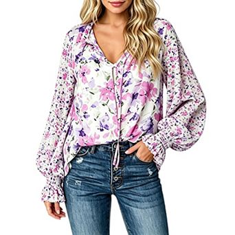 Women's Tie V Neck Floral Top Chiffon Puff Lantern Long Sleeve Casual Blouse