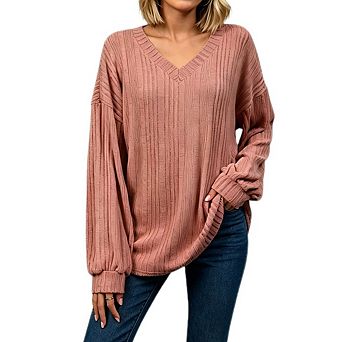 Women's V Neck Ribbed Long Sleeve Blouse Loose Fit Balloon Sleeve Casual Tunic Top