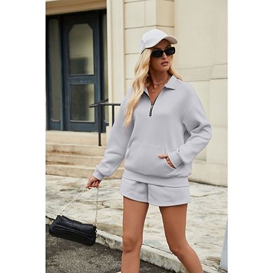 Women's Quarter Zip Collared Pocket Sweatshirt Elastic Waist Shorts Two Piece Tracksuit Set