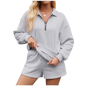 Women's Quarter Zip Collared Pocket Sweatshirt Elastic Waist Shorts Two Piece Tracksuit Set