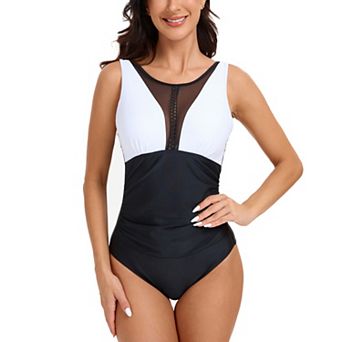 Women Mesh V Neck One Piece Swimsuit Sleeveless Ruched Tummy Control Slimming Bathing Suit