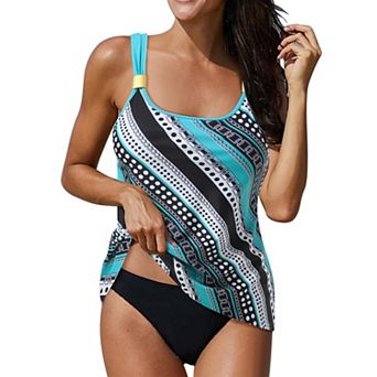 Women Tankini Two Piece Swimsuit U Neck Adjustable Strap Printed Flowy Tank Top with Swim Briefs