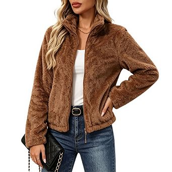Women's Stand Collar Full Zip Fuzzy Fleece Loose Fit Long Sleeve Cropped Jacket