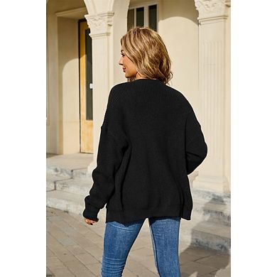 Women's Round Neck Long Sleeve Sweater Cardigan Loose Open Front Bow Buttons Coat