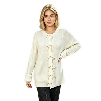 Women's Round Neck Long Sleeve Sweater Cardigan Loose Open Front Bow Buttons Coat