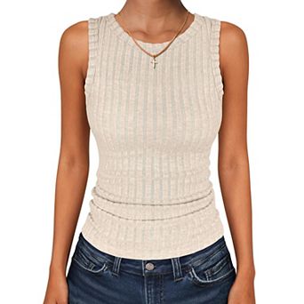Women Round Neck Sleeveless Ribbed Knit Tank Top Ruffle Trim Fitted Vest Shirt