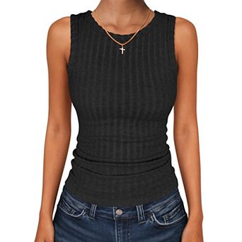 Women Round Neck Sleeveless Ribbed Knit Tank Top Ruffle Trim Fitted Vest Shirt