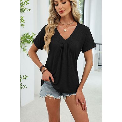Women Solid V Neck Pleated T Shirt Short Sleeve Loose Casual Tee Blouse