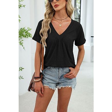 Women Solid V Neck Pleated T Shirt Short Sleeve Loose Casual Tee Blouse