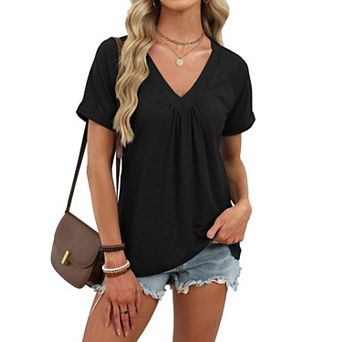 Women Solid V Neck Pleated T Shirt Short Sleeve Loose Casual Tee Blouse