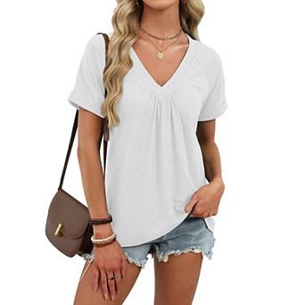 Women Solid V Neck Pleated T Shirt Short Sleeve Loose Casual Tee Blouse