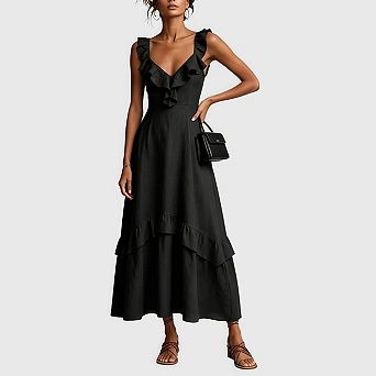 Womens Summer Sleeveless Maxi Dress Casual V Neck Flowy Ruffle Tiered Boho Wedding Guest Beach Dress