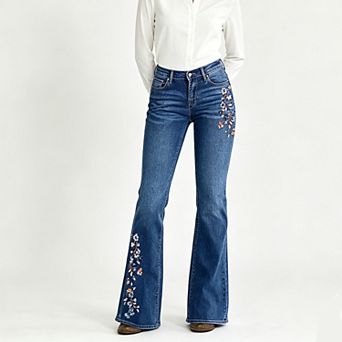 Women's High Waist Bootcut Jeans, Floral Embroidery Stretch Denim Five Pocket Flared Long Pants