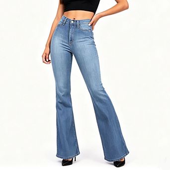 Women's High Waist Stretch Bootcut Jeans, Slim Elastic Denim Five Pocket Wide Flared Long Pants
