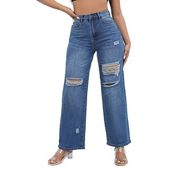 Jeans for Women Wide Leg High Waist Pants Knee Ripped Distressed Vintage Casual Denim Trousers