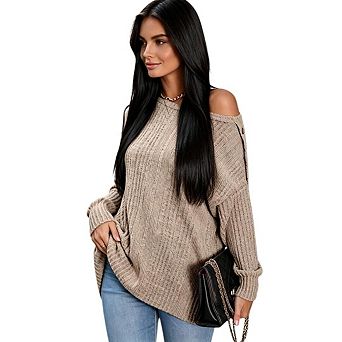 Women's Off Shoulder Long Sleeve Top Casual Button Detail Pullover T-Shirt
