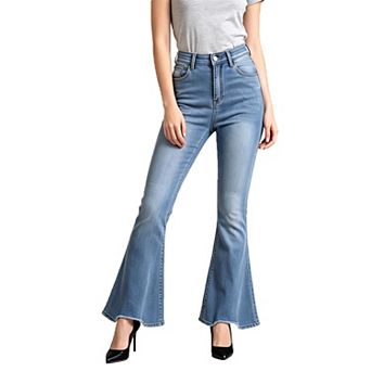 Womens High Waist Jeans Vintage Slim Fit Bell Bottom Denim Pants Casual Trousers