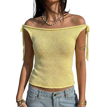 Women's Off Shoulder Sleeveless Knit Crop Top Y2K Hollow Out Tie Side Going Out Tops