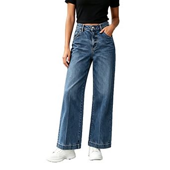 Womens High Waist Wide Leg Jeans Loose Straight Denim Pants Casual Cropped Trousers