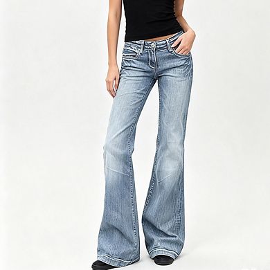Women Low Waist Vintage Washed Stretch Slim Bootcut Flared Denim Jeans Pants