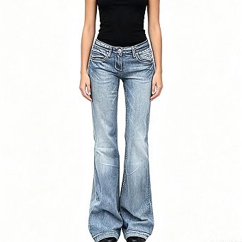 Women Low Waist Vintage Washed Stretch Slim Bootcut Flared Denim Jeans Pants