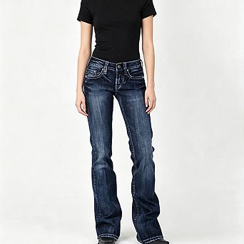 Women Low Waist Contrast Washed Denim Slim Fit Flared Bootcut Jeans Pants