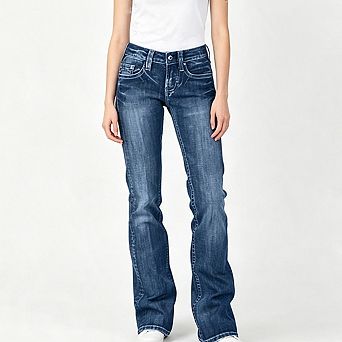 Women Low Waist Contrast Washed Denim Slim Fit Flared Bootcut Jeans Pants