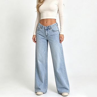 Women's Low Rise Wide Leg Denim Jeans, Classic 5 Pocket Relaxed Flared Long Denim Pants