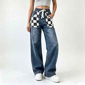Women's Elastic Drawstring Wide Leg Jeans Checkered Patch Pocket Denim Pants Streetwear Trousers