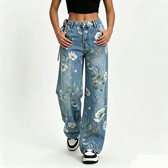 Women's High Waist Printed Wide Leg Jeans Relaxed Fit Straight Baggy Denim Pants Casual Streetwear