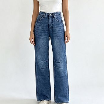 Women High Waist Front Seam Detail Loose Wide Leg Casual Denim Jeans Pants