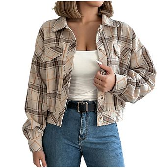 Women's Vintage Plaid Lapel Collar Drop Shoulder Cropped Flannel Shacket Jacket