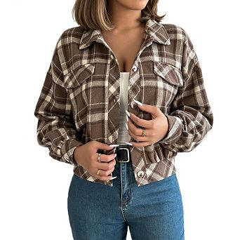 Women's Vintage Plaid Lapel Collar Drop Shoulder Cropped Flannel Shacket Jacket