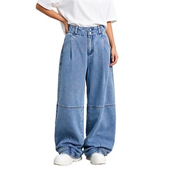 Women High Waist Baggy Wide Leg Jeans Casual Denim Pants Loose Fit Cargo Trousers