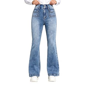 Women High Waist Double Button Jeans Stretch Slim Fit Vintage Denim Pants Long Bootcut Trousers