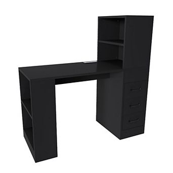 KTMBDW Computer Desk with 4-in-1 Socket, Wooden Desk with 3 Slide Drawers and 4 Storage Levels