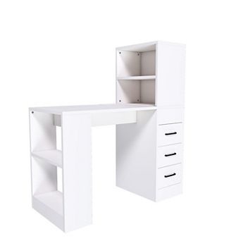 KTMBDW Computer Desk with 4-in-1 Socket, Wooden Desk with 3 Slide Drawers and 4 Storage Levels