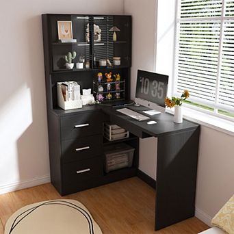 KTMBDW Computer Desk with Glass Cabinets and LED Lights, Corner L-Shaped Office Desk with 3 Drawers