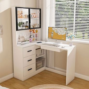 KTMBDW Computer Desk with Glass Cabinets and LED Lights, Corner L-Shaped Office Desk with 3 Drawers