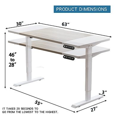 KTMBDW 63"×30" Height Adjustable Electric Standing Desk, Sit Stand up Desk, Memory Computer Desk
