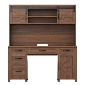 KWPZQEB Large Executive Desk w/ Hutch & Charging Station,2 Sliding Barn Doors & 5 Drawers for Office