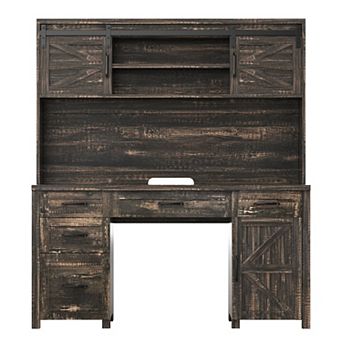 KWPZQEB Large Executive Desk w/ Hutch & Charging Station,2 Sliding Barn Doors & 5 Drawers for Office