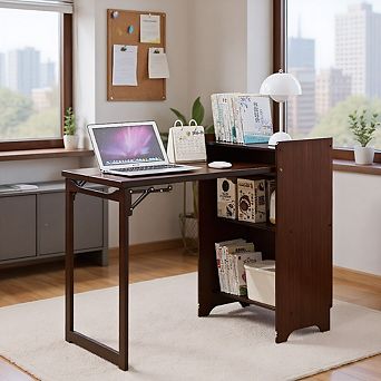 KWPZQEB Folding Desk with Hidden Storage, Space-Saving Computer Desk for Bedroom, Home Office