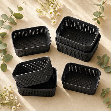 Woven Plastic Storage Baskets Stackable Portable Home Organization Storage